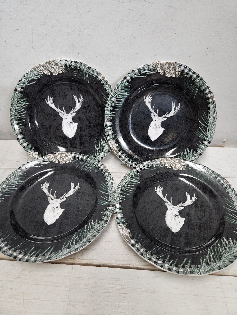 FARMHOUSE CHRISTMAS Set of 4 Plates Hobby Lobby Deer Pine Holiday Decor Ceramic